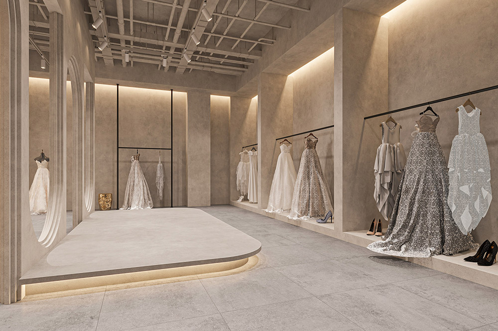 侘寂風婚紗店試衣區和服裝展示區